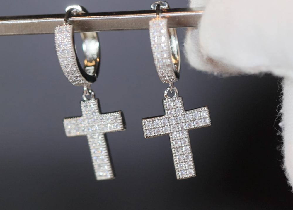 Mens Hoop Cross Earrings | Hoop Diamond Cross Earrings | Iced Out Earrings | Mens diamond cross hoop earrings