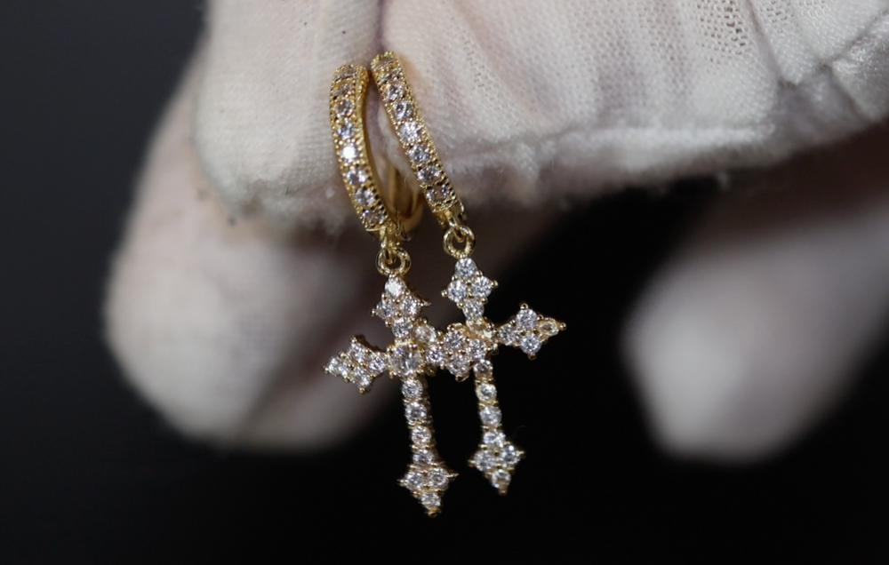 
            
                Load image into Gallery viewer, Mens Gold Cross Earrings | Cross Earrings Men | Diamond Cross Earrings | Womens Cross Hoop Earrings | Gold Cross Earrings | Iced Out Earrings
            
        