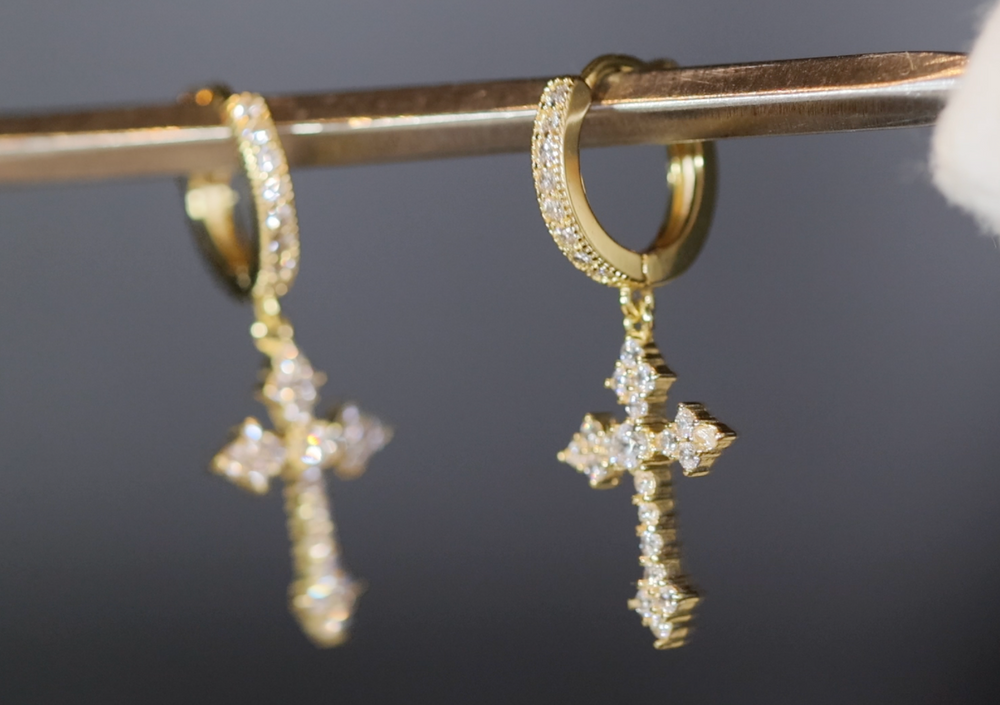 
            
                Load image into Gallery viewer, Mens Gold Cross Earrings | Cross Earrings Men | Diamond Cross Earrings | Womens Cross Hoop Earrings | Gold Cross Earrings | Iced Out Earrings
            
        