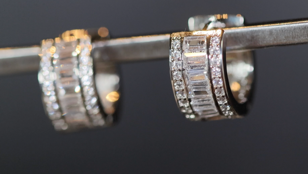 Small diamond hoop earrings, baguette diamond hoop earrings, iced out hoop earrings