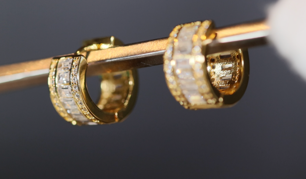 Mens Gold Diamond Hoop Earrings | Womens Small Gold Hoop Earrings | Baguette Hoop Earrings