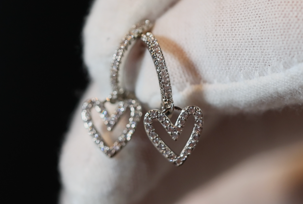 silver Small diamond heart earrings