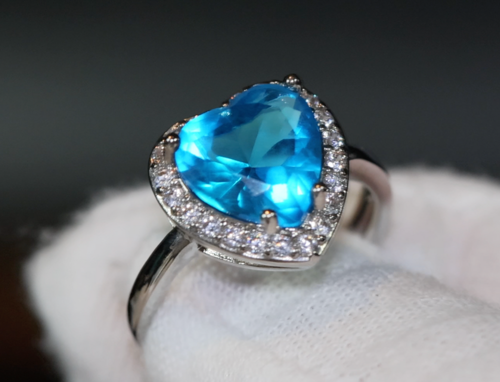 Blue Diamond Heart Ring | Heart Ring | Aquamarine Heart Diamond Ring