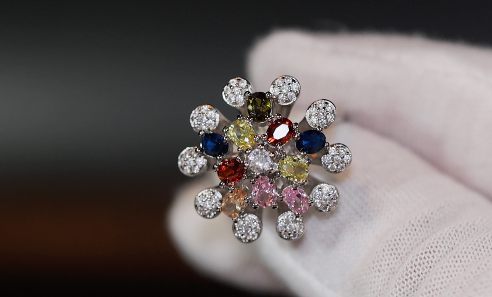 
            
                Load image into Gallery viewer, Multi Colured Diamond Ring | Rainbow Diamond Rings | Womens Flower Diamond Ring
            
        