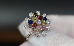 Multi Colured Diamond Ring | Rainbow Diamond Rings | Womens Flower Diamond Ring