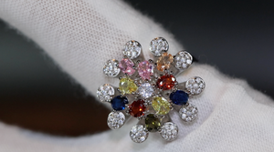 Multi Colured Diamond Ring | Rainbow Diamond Rings | Womens Flower Diamond Ring