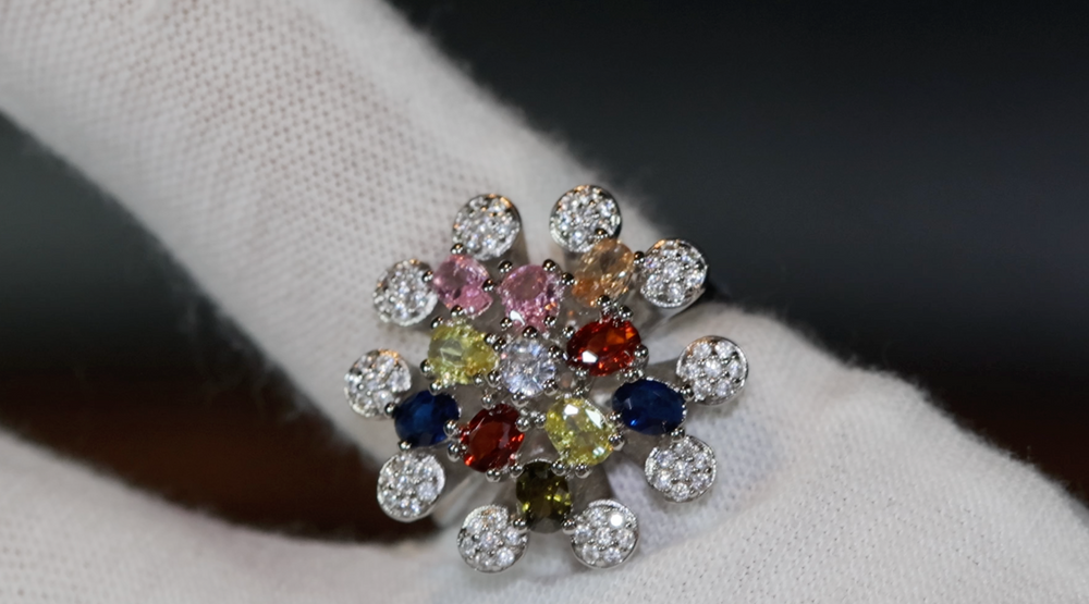 
            
                Load image into Gallery viewer, Multi Colured Diamond Ring | Rainbow Diamond Rings | Womens Flower Diamond Ring
            
        