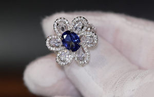 Sapphire Blue Diamond Ring | Blue Oval Diamond Flower Ring