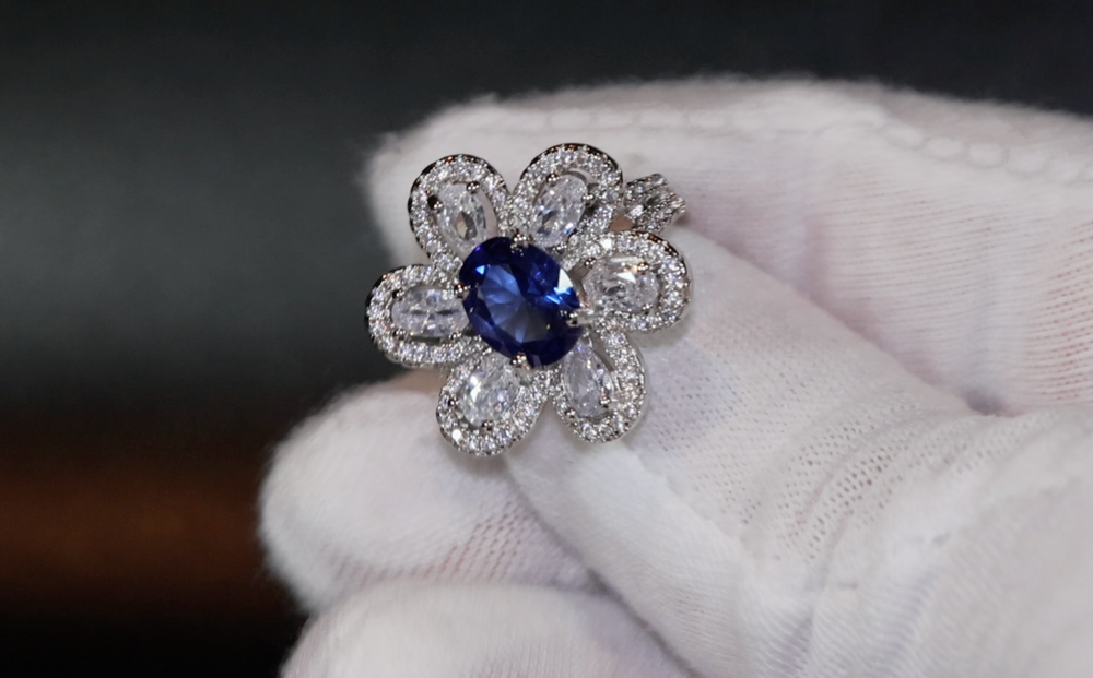 Sapphire Blue Diamond Ring | Blue Oval Diamond Flower Ring