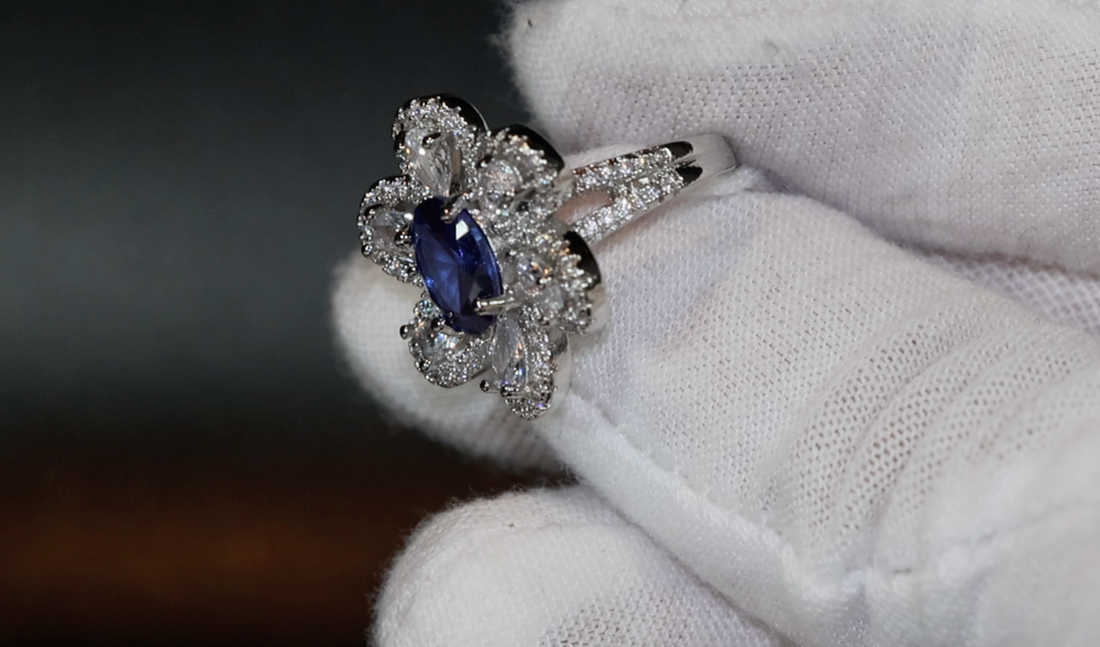 Sapphire Blue Diamond Ring | Blue Oval Diamond Flower Ring