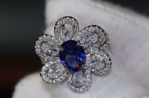 Sapphire Blue Diamond Ring | Blue Oval Diamond Flower Ring