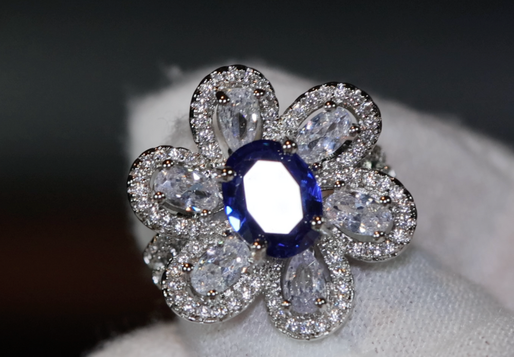 Sapphire Blue Diamond Ring | Blue Oval Diamond Flower Ring