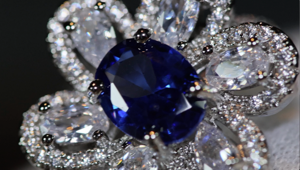 Sapphire Blue Diamond Ring | Blue Oval Diamond Flower Ring