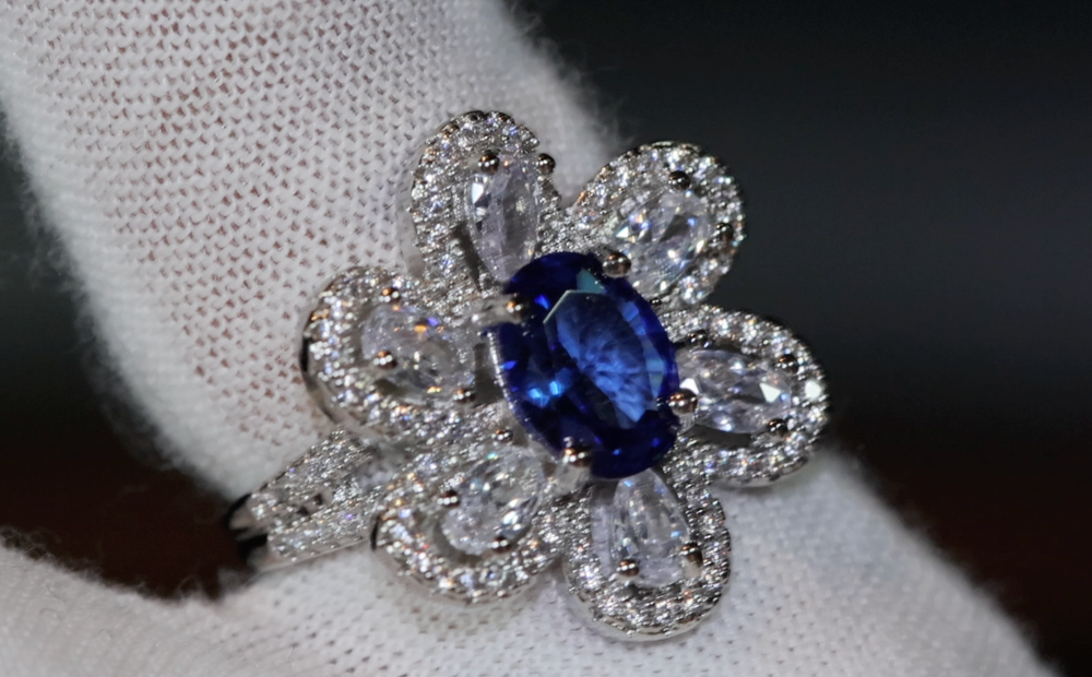 Sapphire Blue Diamond Ring | Blue Oval Diamond Flower Ring