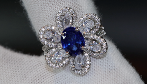 Sapphire Blue Diamond Ring | Blue Oval Diamond Flower Ring