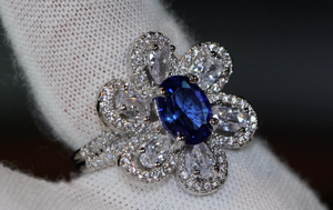 Sapphire Blue Diamond Ring | Blue Oval Diamond Flower Ring