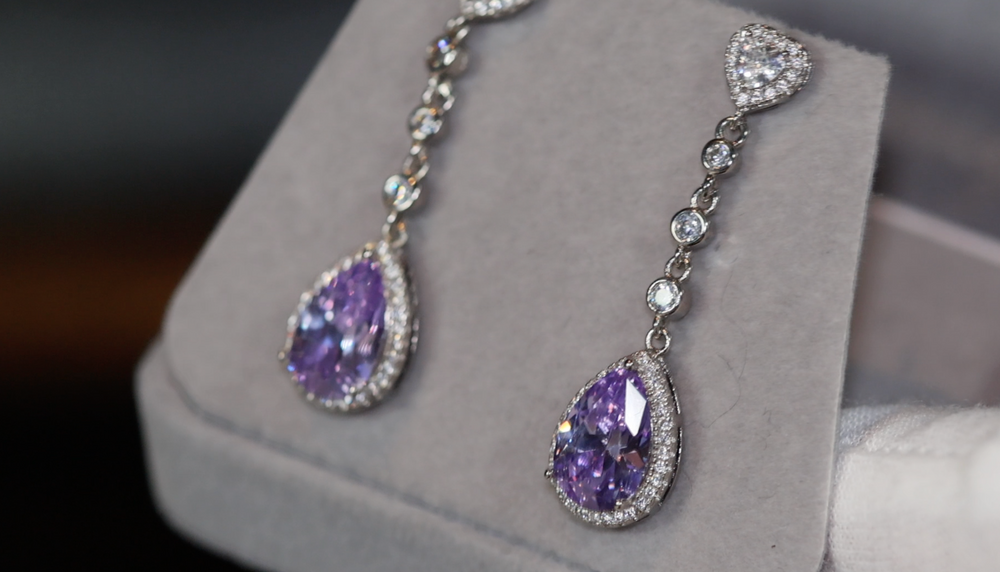 Purple Diamond Earrings | Teardrop Earrings | Womens Earrings | Dangle Earrings