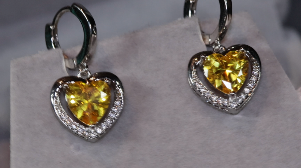 Diamond Earrings | Heart Earrings | Yellow Diamond Heart Earrings | Womens Earrings | Heart earrings with Yellow  Diamonds | Hoop Earrings