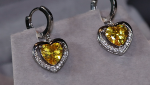 Diamond Earrings | Heart Earrings | Yellow Diamond Heart Earrings | Womens Earrings | Heart earrings with Yellow  Diamonds | Hoop Earrings