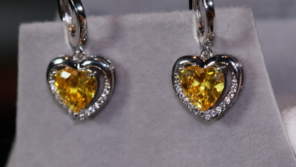 Diamond Earrings | Heart Earrings | Yellow Diamond Heart Earrings | Womens Earrings | Heart earrings with Yellow  Diamonds | Hoop Earrings