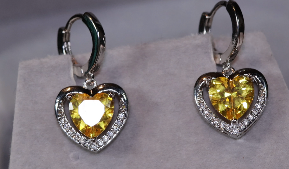 Diamond Earrings | Heart Earrings | Yellow Diamond Heart Earrings | Womens Earrings | Heart earrings with Yellow  Diamonds | Hoop Earrings