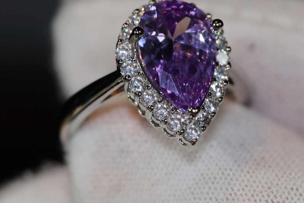 Purple Diamond Ring | Teardrop Ring | Pear Shape Ring | Halo Engagement Ring