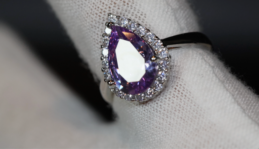 Purple Diamond Ring | Teardrop Ring | Pear Shape Ring | Halo Engagement Ring