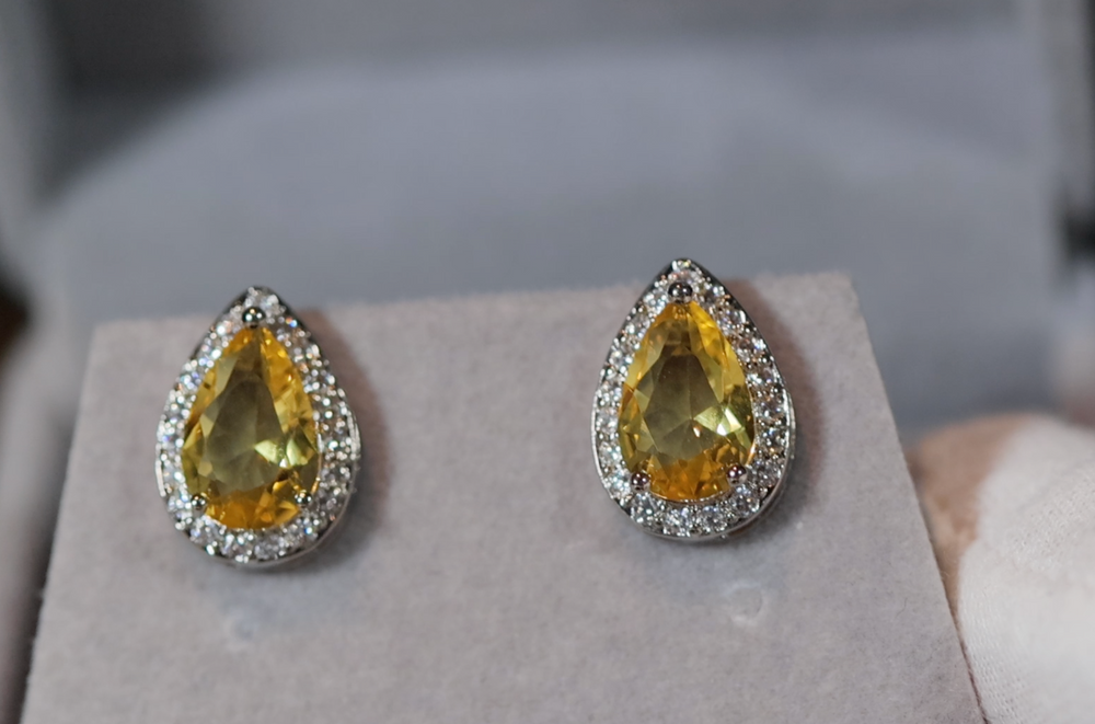 Pear cut diamond earrings, womens yellow gemstone ear studs, yellow diamond ear studs