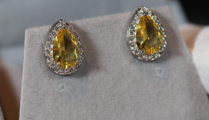 Pear cut diamond earrings, womens yellow gemstone ear studs, yellow diamond ear studs