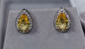 Pear cut diamond earrings, womens yellow gemstone ear studs, yellow diamond ear studs