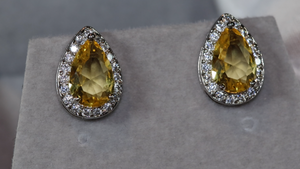 Pear cut diamond earrings, womens yellow gemstone ear studs, yellow diamond ear studs