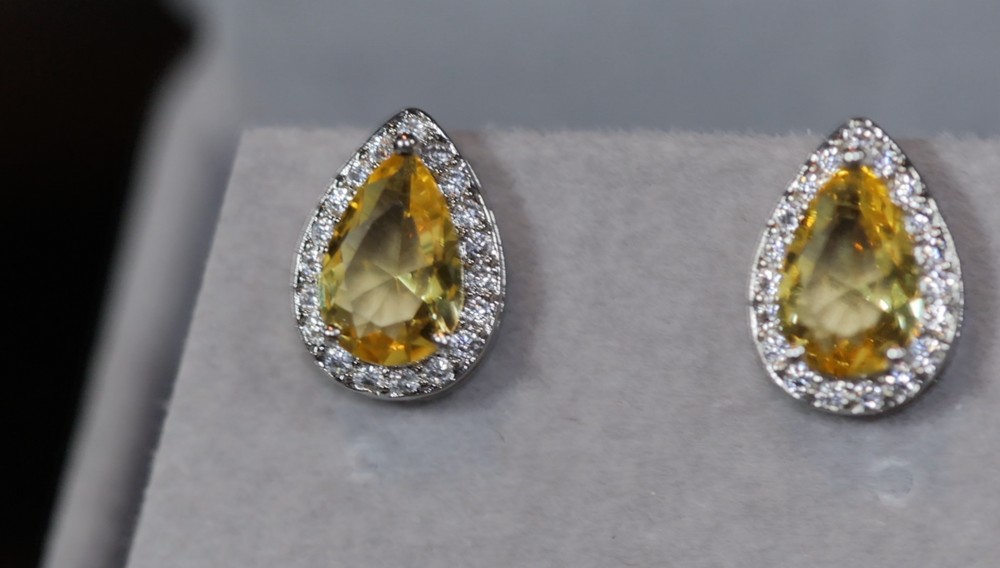 Pear cut diamond earrings, womens yellow gemstone ear studs, yellow diamond ear studs