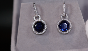 Round Diamond Earrings | Blue Diamond Earrings | Sapphire Earrings | Womens Earrings | Sapphire Blue Earrings | Womens Diamond Earrings