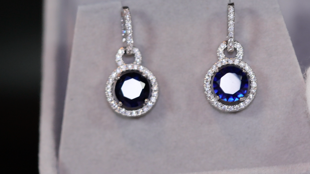 Round Diamond Earrings | Blue Diamond Earrings | Sapphire Earrings | Womens Earrings | Sapphire Blue Earrings | Womens Diamond Earrings