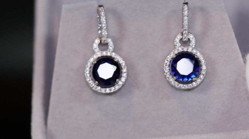 
            
                Load image into Gallery viewer, Round Diamond Earrings | Blue Diamond Earrings | Sapphire Earrings | Womens Earrings | Sapphire Blue Earrings | Womens Diamond Earrings
            
        