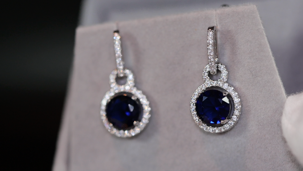 
            
                Load image into Gallery viewer, Round Diamond Earrings | Blue Diamond Earrings | Sapphire Earrings | Womens Earrings | Sapphire Blue Earrings | Womens Diamond Earrings
            
        