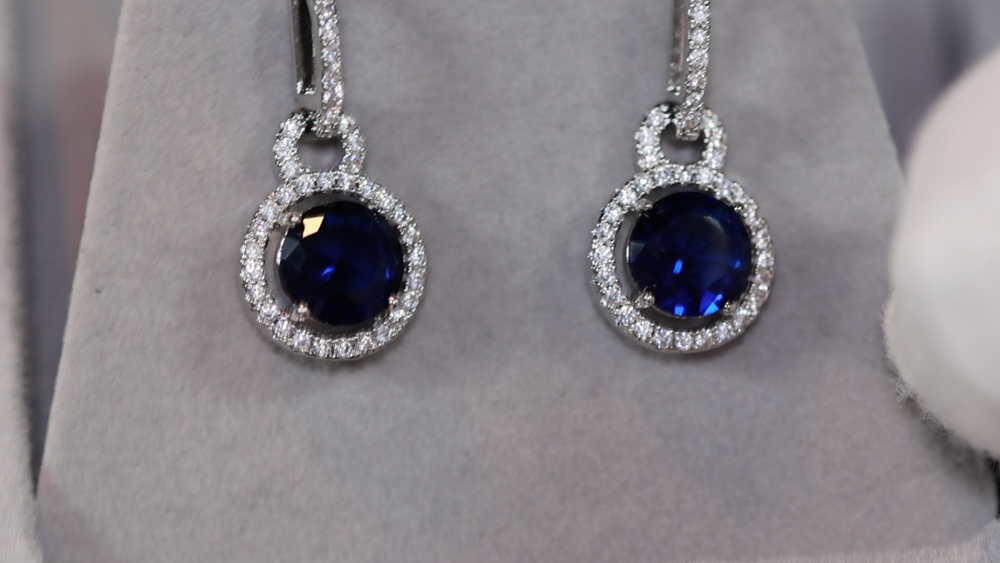 Round Diamond Earrings | Blue Diamond Earrings | Sapphire Earrings | Womens Earrings | Sapphire Blue Earrings | Womens Diamond Earrings