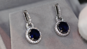 Round Diamond Earrings | Blue Diamond Earrings | Sapphire Earrings | Womens Earrings | Sapphire Blue Earrings | Womens Diamond Earrings