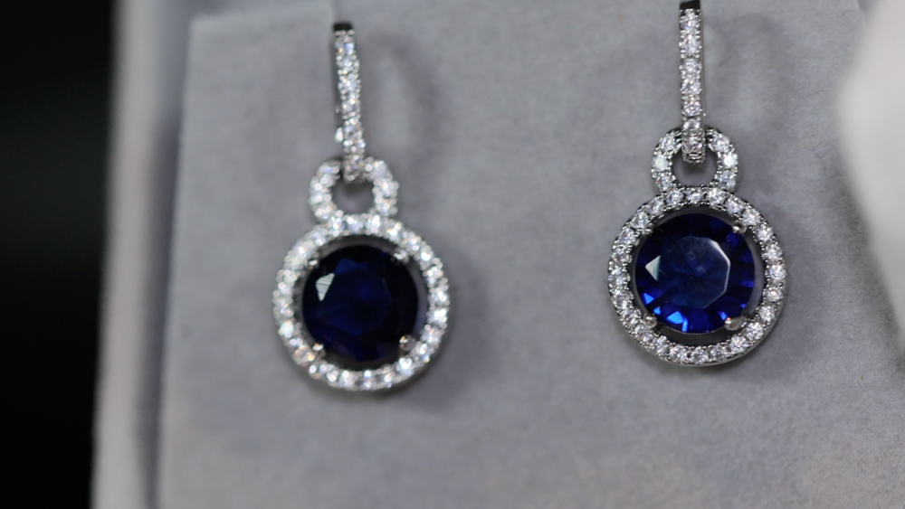 Round Diamond Earrings | Blue Diamond Earrings | Sapphire Earrings | Womens Earrings | Sapphire Blue Earrings | Womens Diamond Earrings