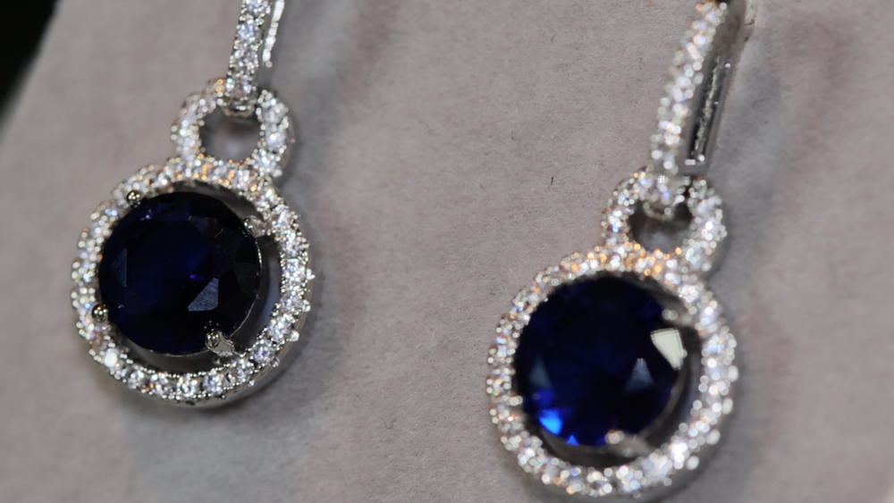 
            
                Load image into Gallery viewer, Round Diamond Earrings | Blue Diamond Earrings | Sapphire Earrings | Womens Earrings | Sapphire Blue Earrings | Womens Diamond Earrings
            
        