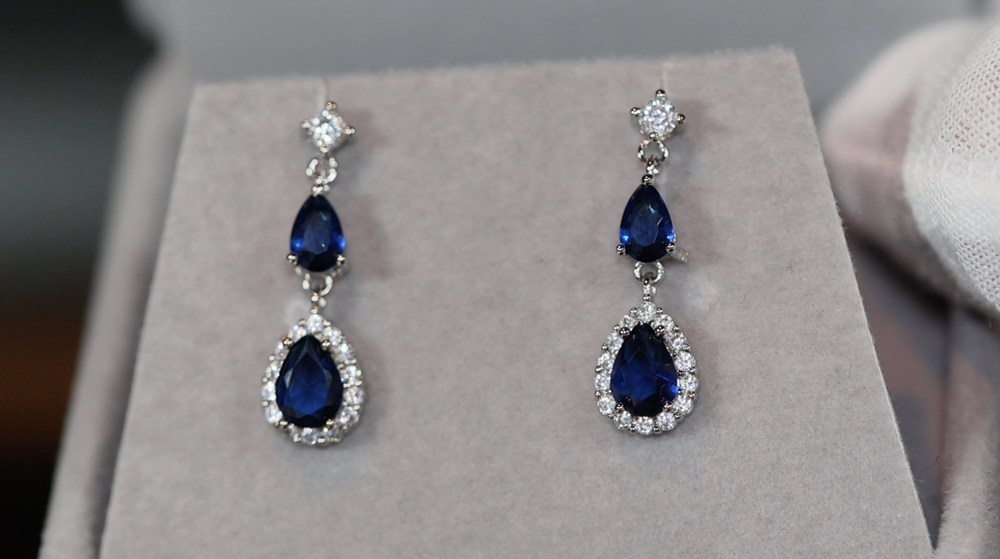 SAPPHIRE BLUE EARRINGS | Sapphire Blue Pear Cut Diamond Earrings
