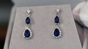 SAPPHIRE BLUE EARRINGS | Sapphire Blue Pear Cut Diamond Earrings