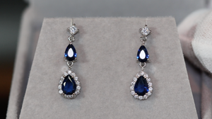 SAPPHIRE BLUE EARRINGS | Sapphire Blue Pear Cut Diamond Earrings