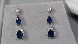 SAPPHIRE BLUE EARRINGS | Sapphire Blue Pear Cut Diamond Earrings