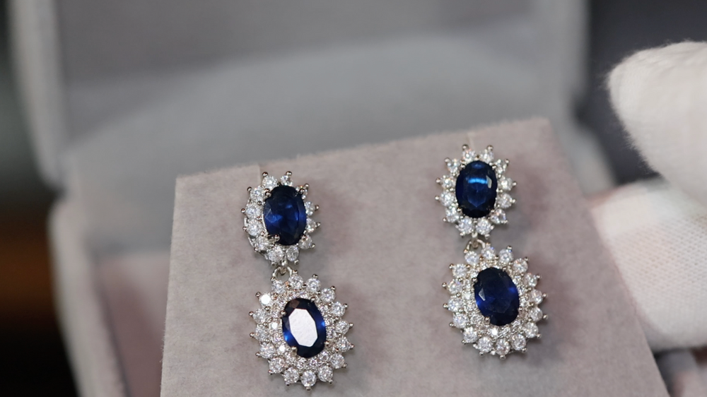 Blue Diamond Earrings | Sapphire Earrings | Sapphire Blue Earrings | Oval Eaarings