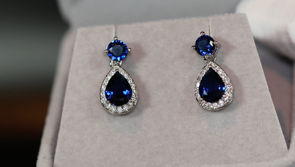 Sapphire Blue Diamond Earrings | Pear Cut Diamond Earrings