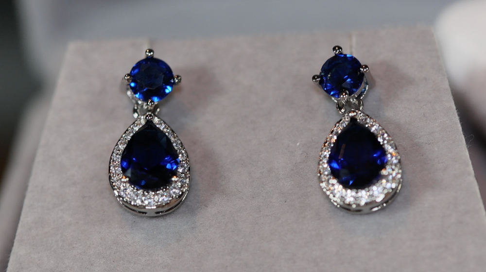 Sapphire Blue Diamond Earrings | Pear Cut Diamond Earrings