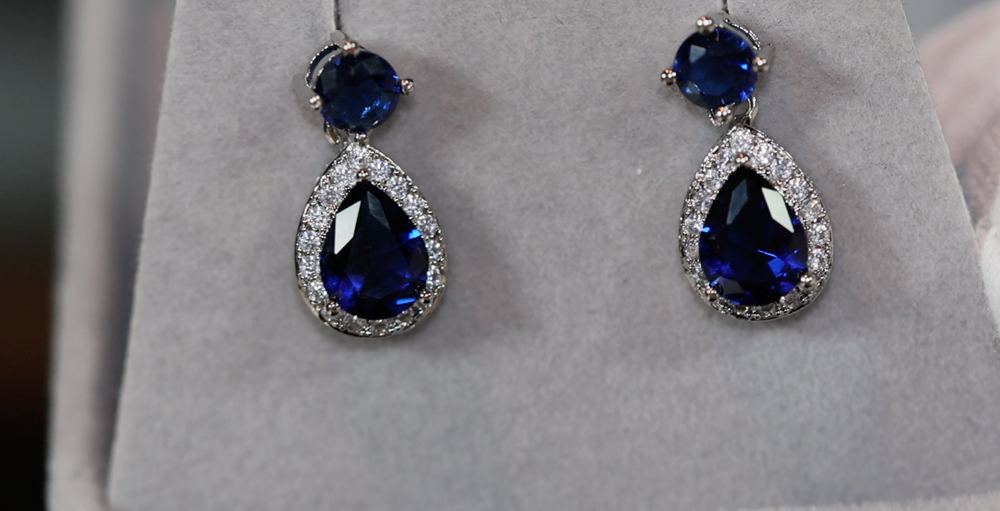 Sapphire Blue Diamond Earrings | Pear Cut Diamond Earrings