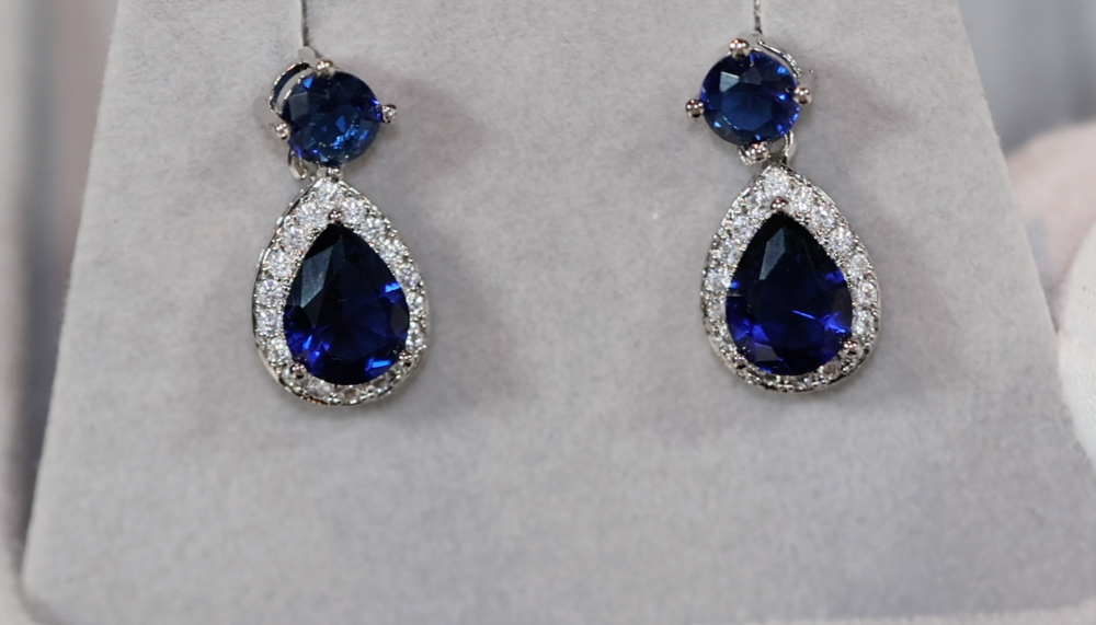 Sapphire Blue Diamond Earrings | Pear Cut Diamond Earrings