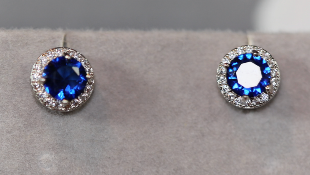 Blue diamond ear studs, Blue diamond earrings, Round sapphire blue ear studs